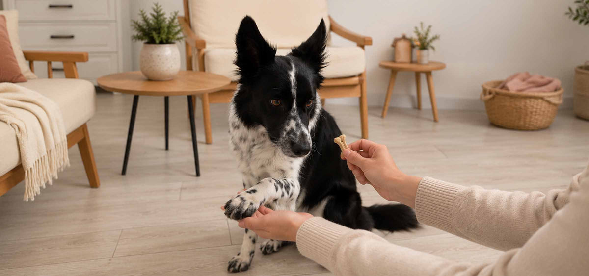 Hund bekommt Snack - Grundkommandos für Hunde