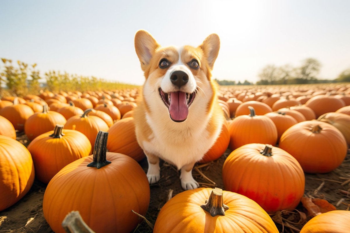 Hund sitzt auf Kürbis: Dürfen Hunde Kürbis essen?