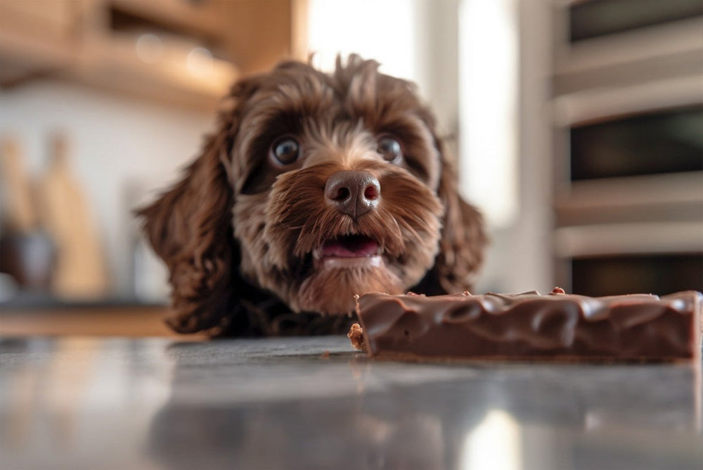 Hund schaut auf Schokolade - dürfen Hunde Schokolade essen?